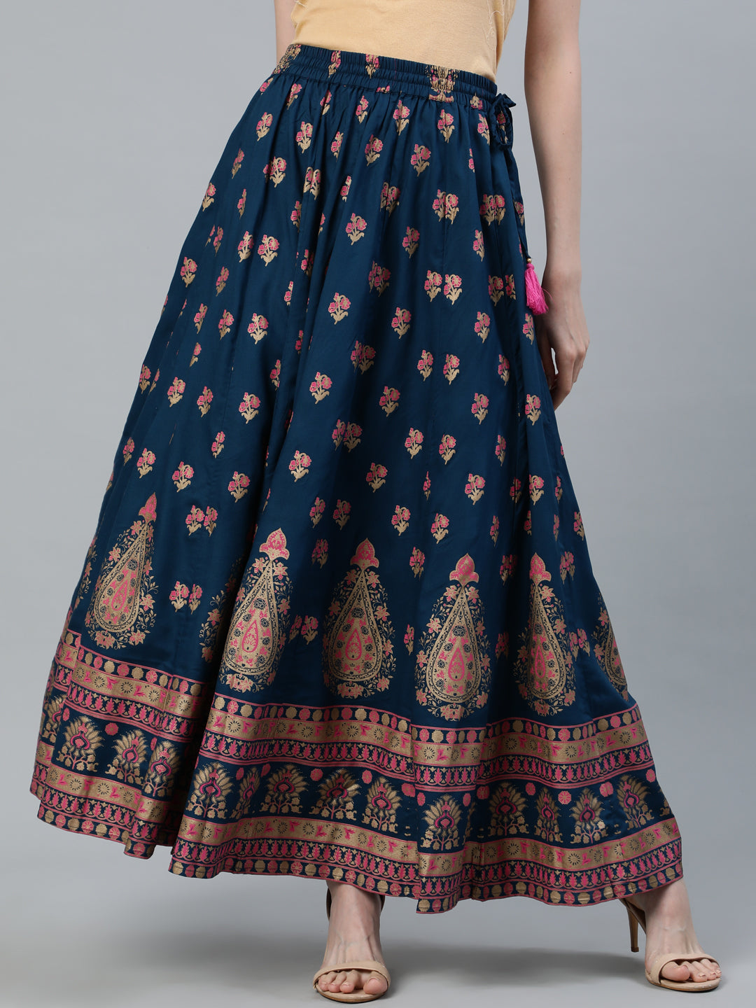 Teal Blue Ethnic Printed Maxi Flared Skirt