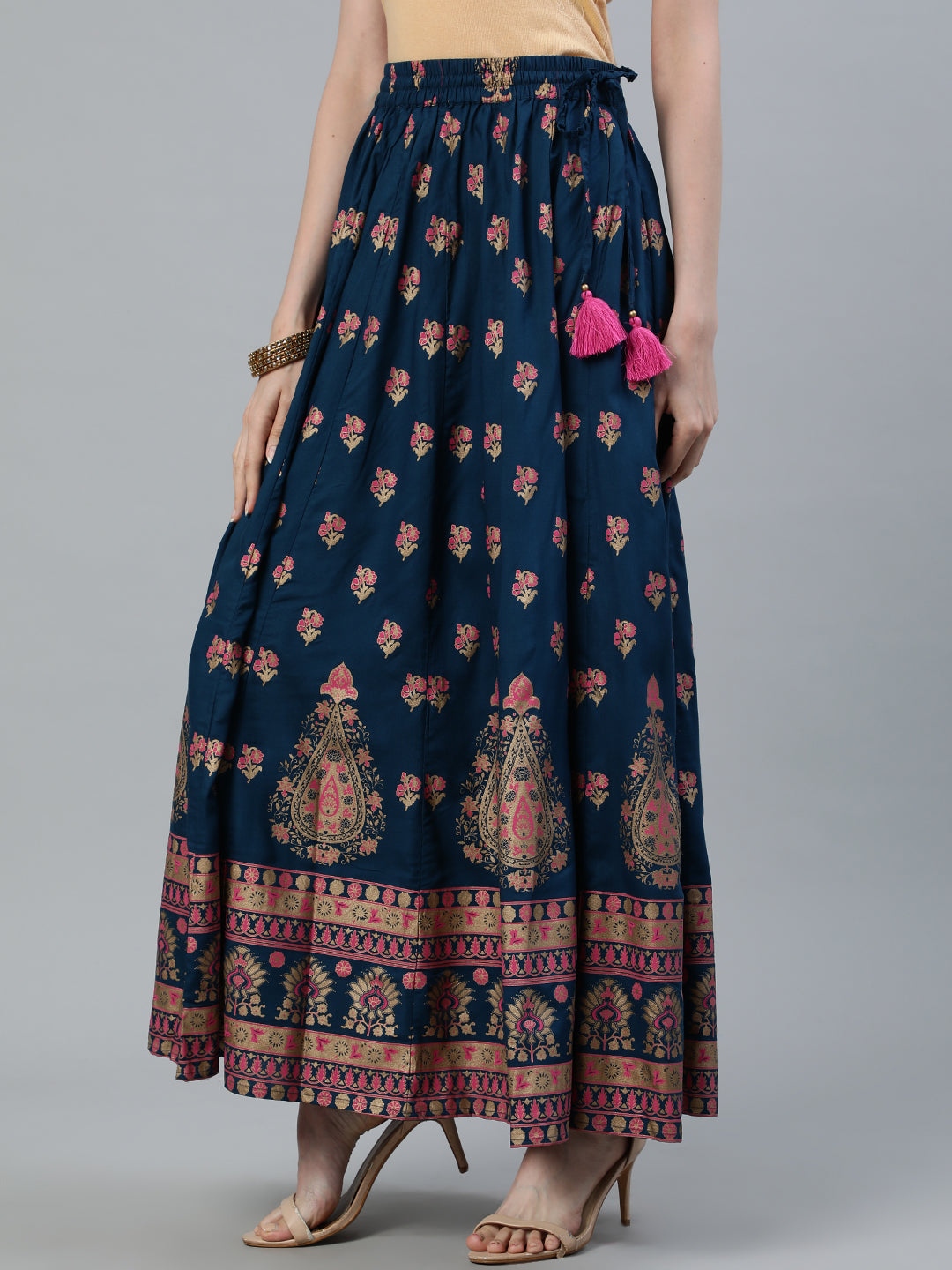 Teal Blue Ethnic Printed Maxi Flared Skirt