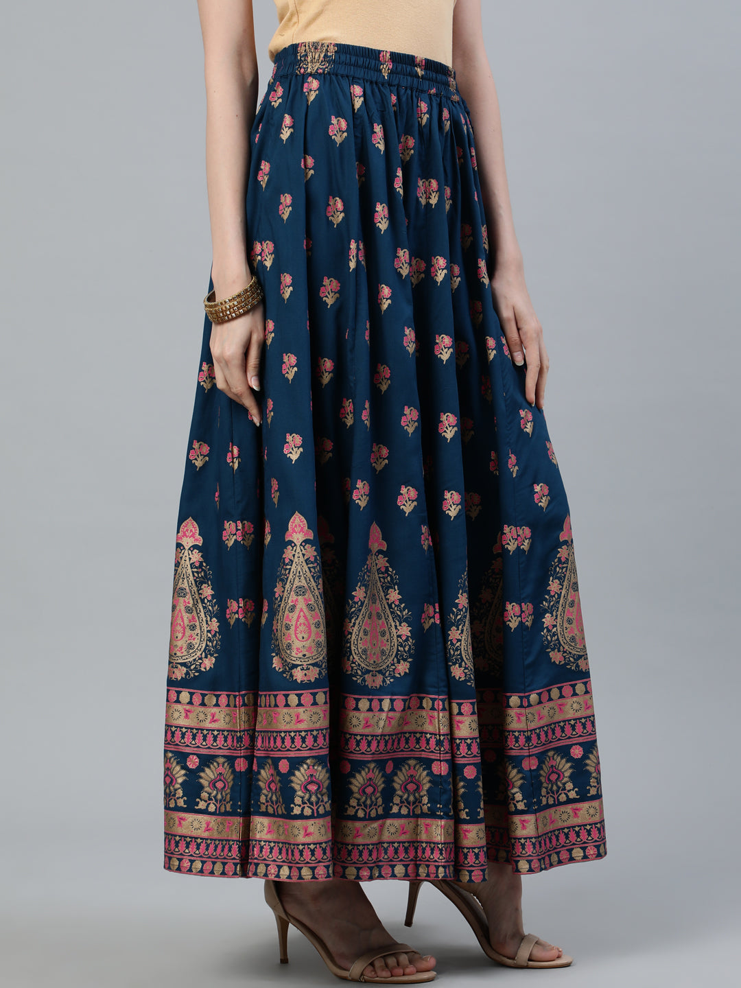 Teal Blue Ethnic Printed Maxi Flared Skirt