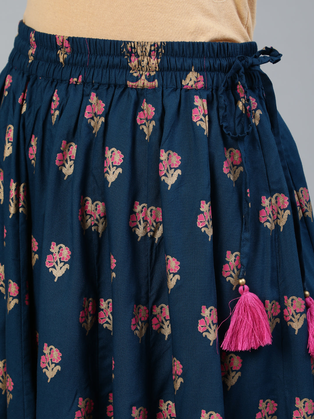 Teal Blue Ethnic Printed Maxi Flared Skirt