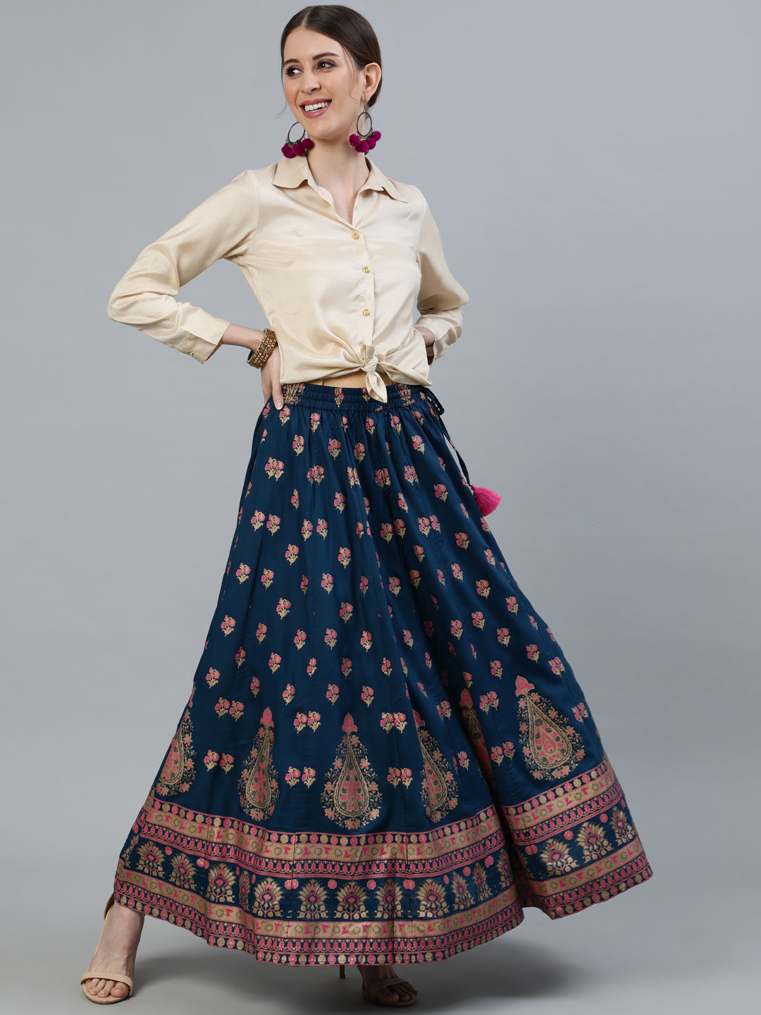 Teal Blue Ethnic Printed Maxi Flared Skirt