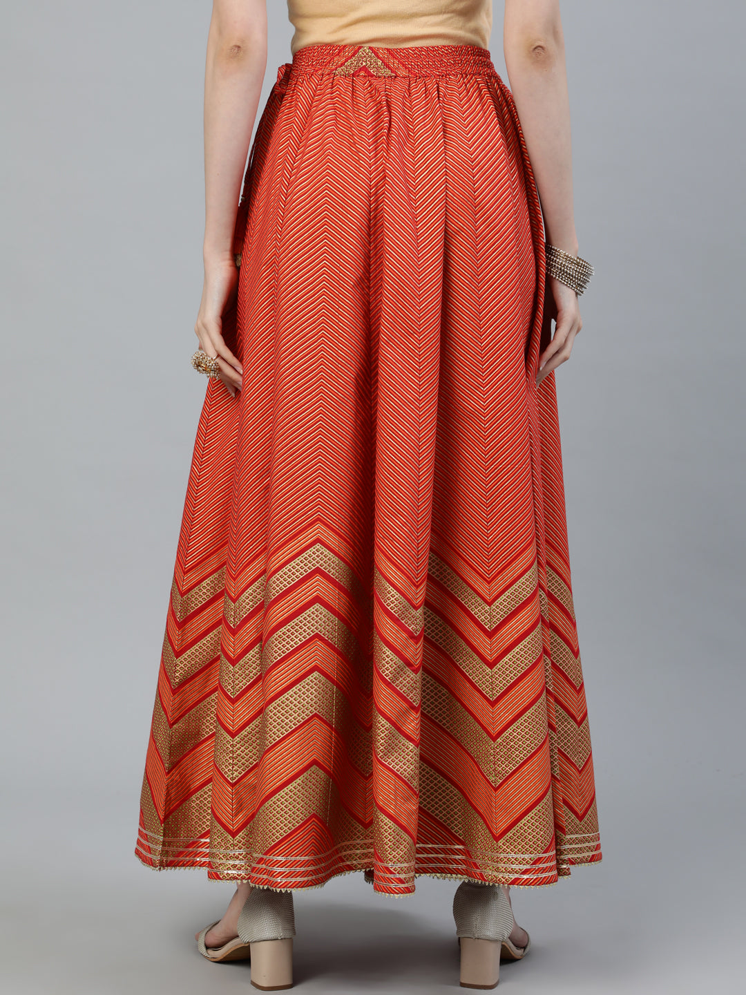 Red Gold Printed Cotton Maxi Flared Skirt