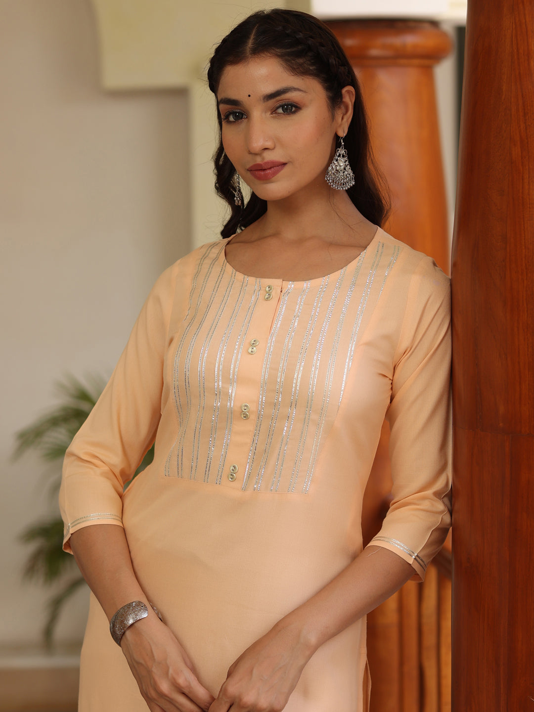Rayon Solid Gota Embellished Peach Kurta
