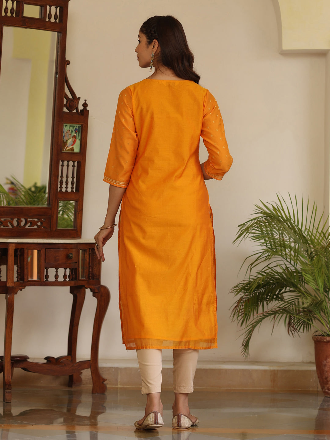 Orange Chanderi Gota And Sequence Embellished Straight Kurta
