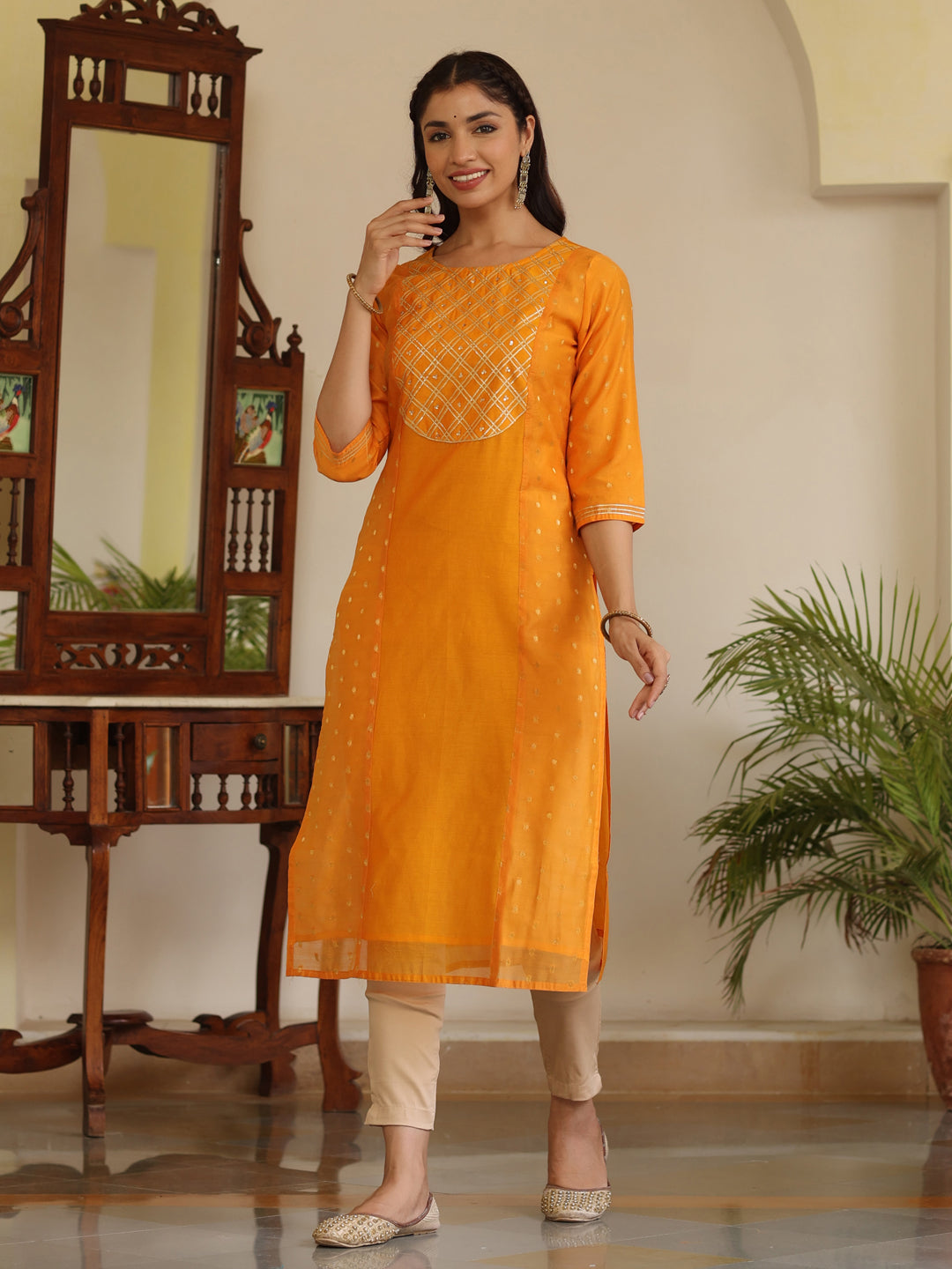 Orange Chanderi Gota And Sequence Embellished Straight Kurta