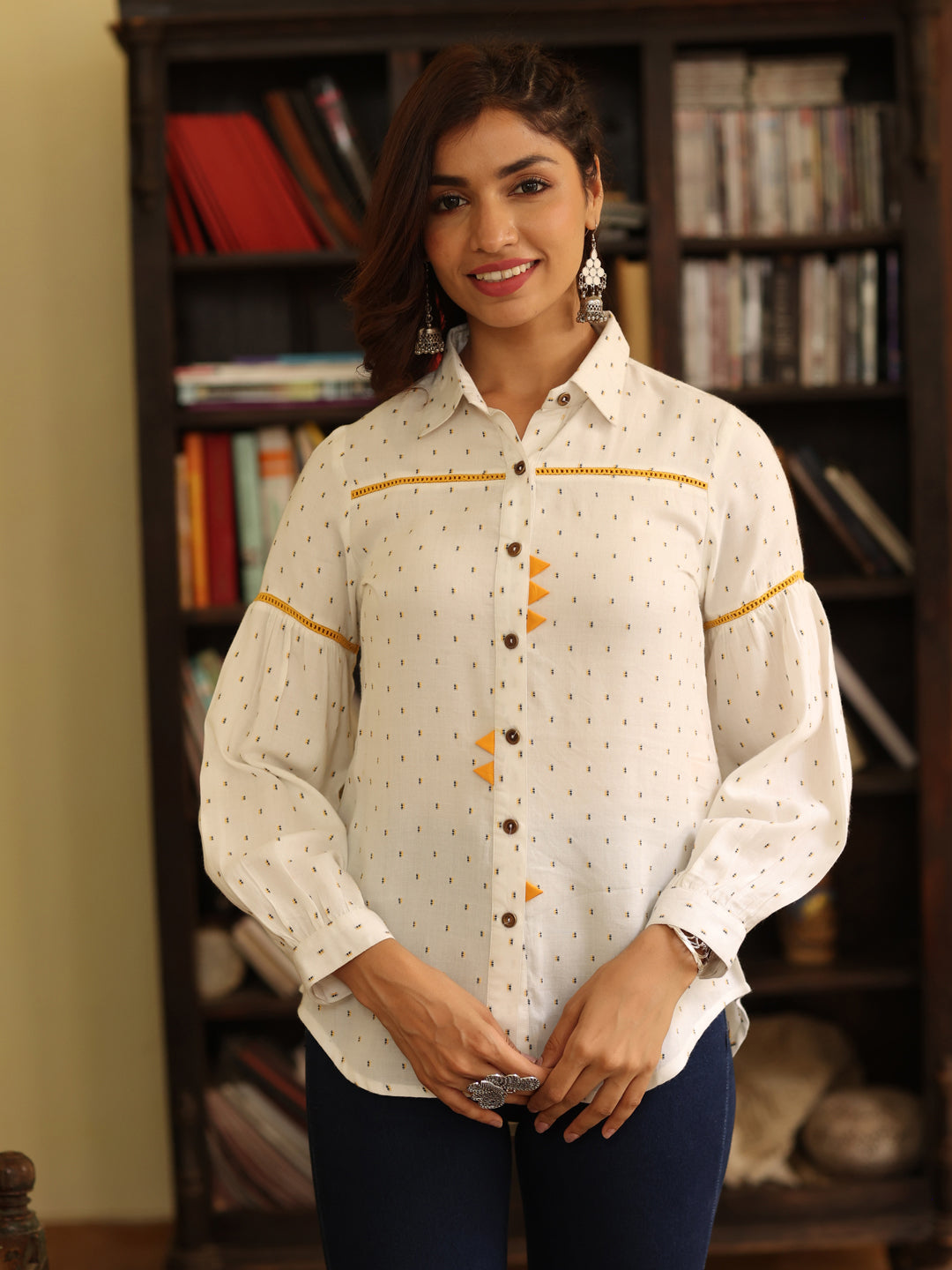 White Cotton Dobby Ikat Printed Shirt With Puffed Sleeves