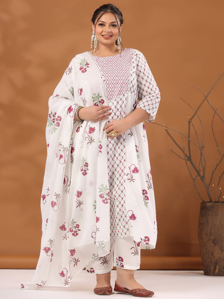 Plus Size White & Magenta Pink Ethnic Printed Flared Kurta With Pants & Dupatta