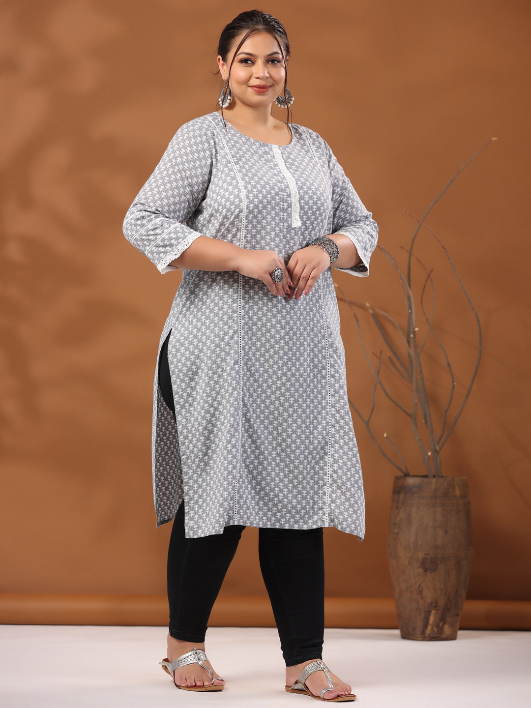 Grey Plus Size Woven Kantha Printed Laced Straight Kurta