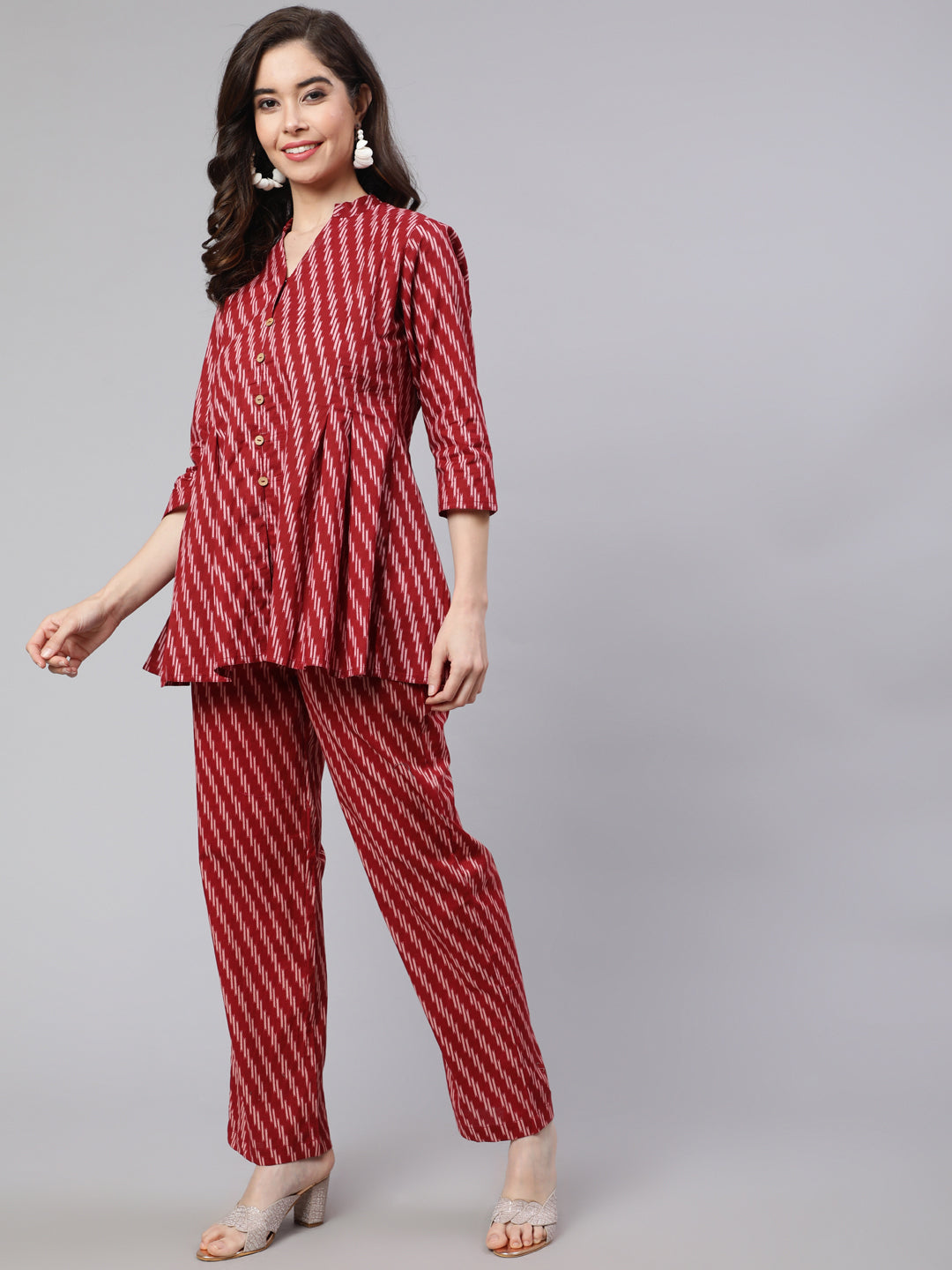 Maroon Printed Pleated Top with Printed Pant Co-Ord Set