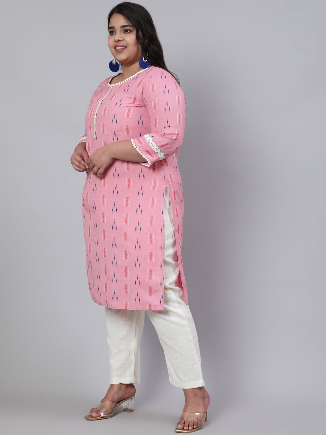 Plus Size Pink Self Weaved Straight Kurta With Off-White Pants