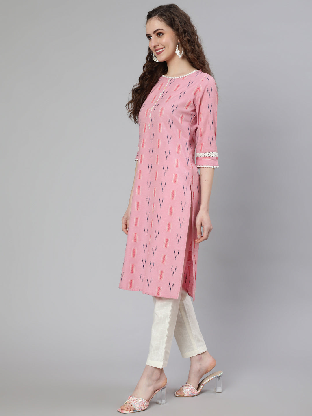 Pink Self Weaved Straight Kurta With Lace Detail And Off-White Pants