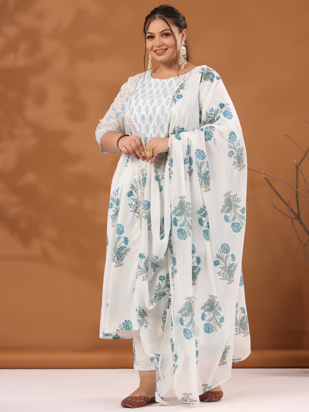 Plus Size White & Turquoise Blue Ethnic Printed Flared Kurta With Pants & Dupatta