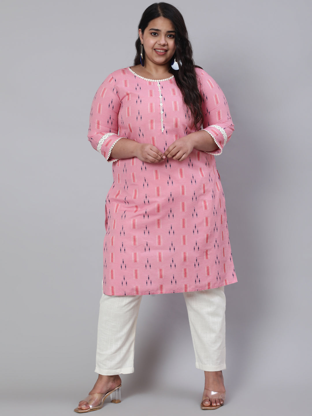 Pink Plus Size Self-Weaved Straight Kurta With Lace Detail