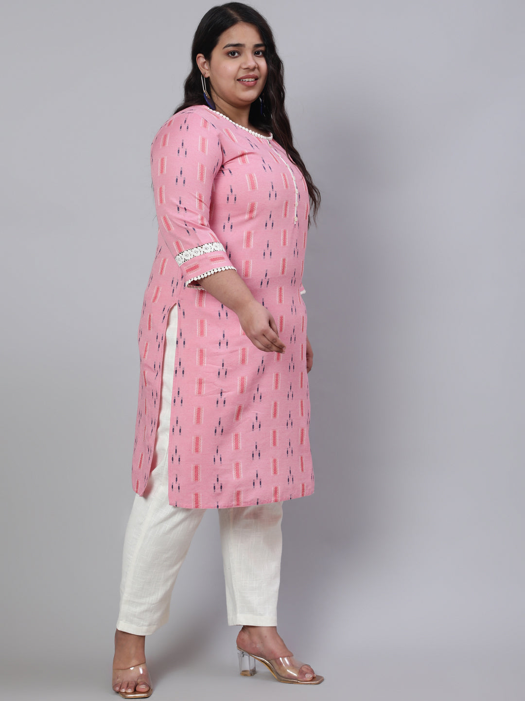 Pink Self Weaved Straight Kurta With Lace Detail