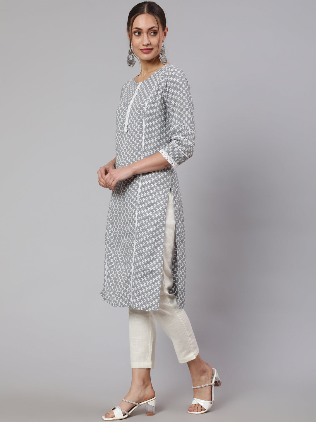 Grey Woven Kantha Printed Laced Straight Kurta
