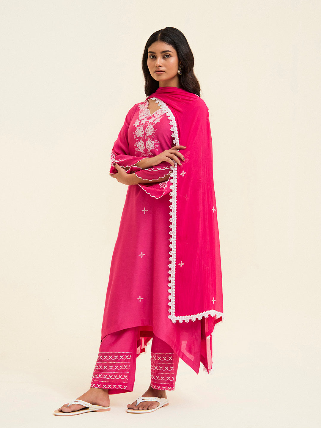 Fuchsia Resham Embroidered Kurta With Palazzo And Dupatta