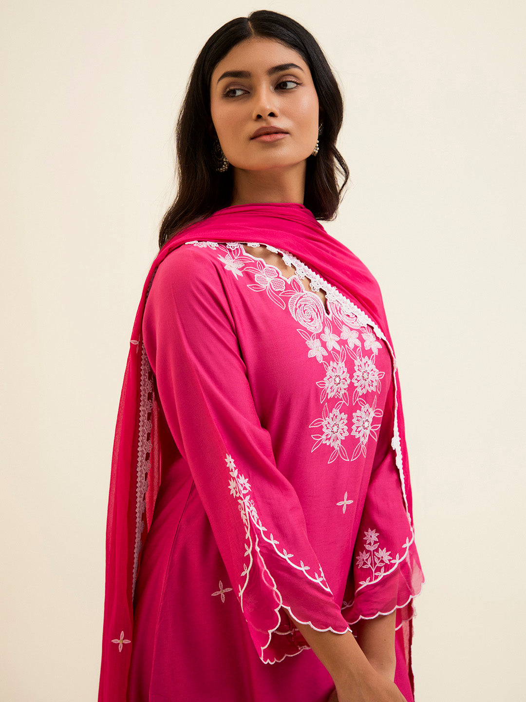 Fuchsia Resham Embroidered Kurta With Palazzo And Dupatta