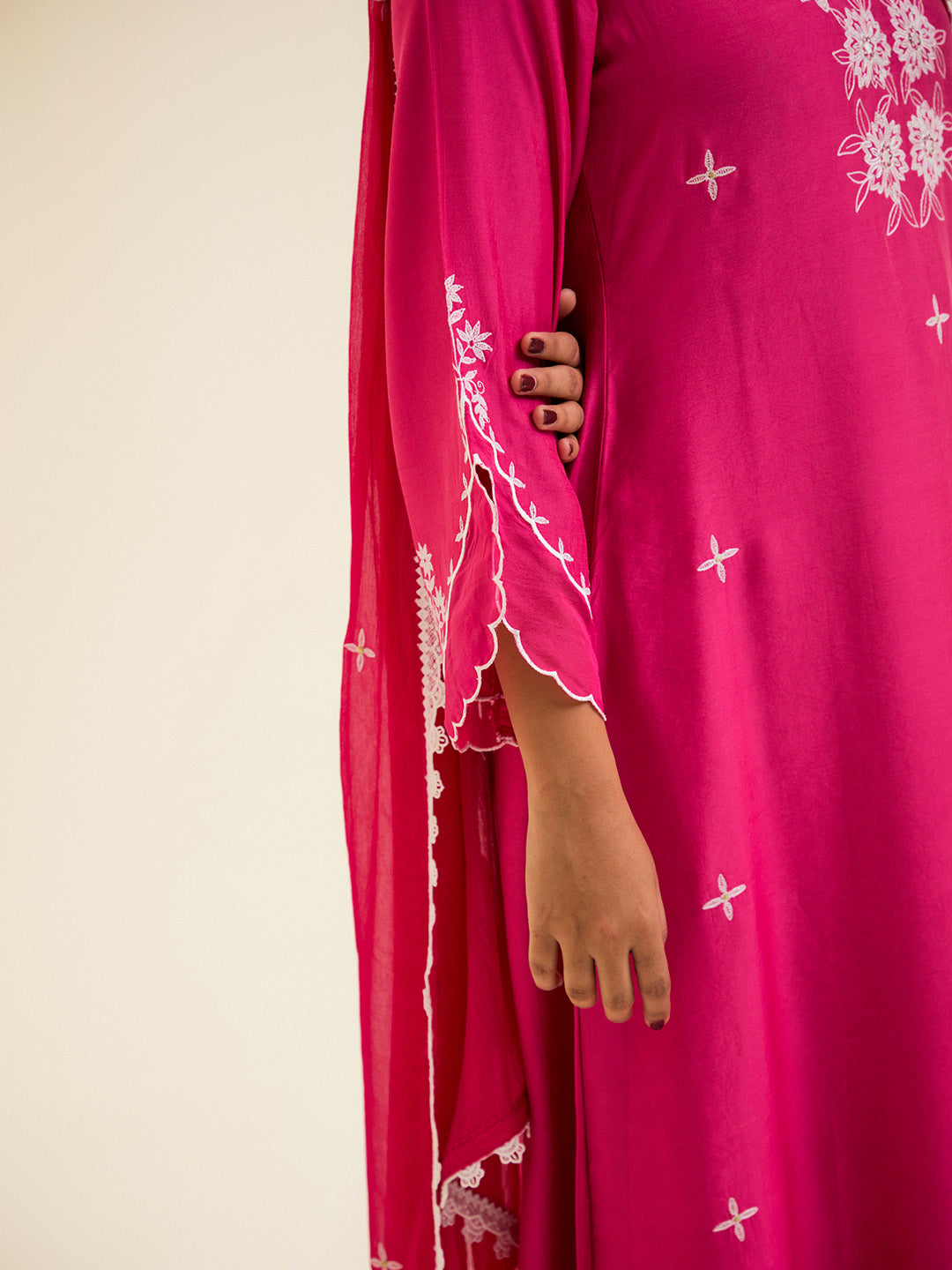 Fuchsia Resham Embroidered Kurta With Palazzo And Dupatta