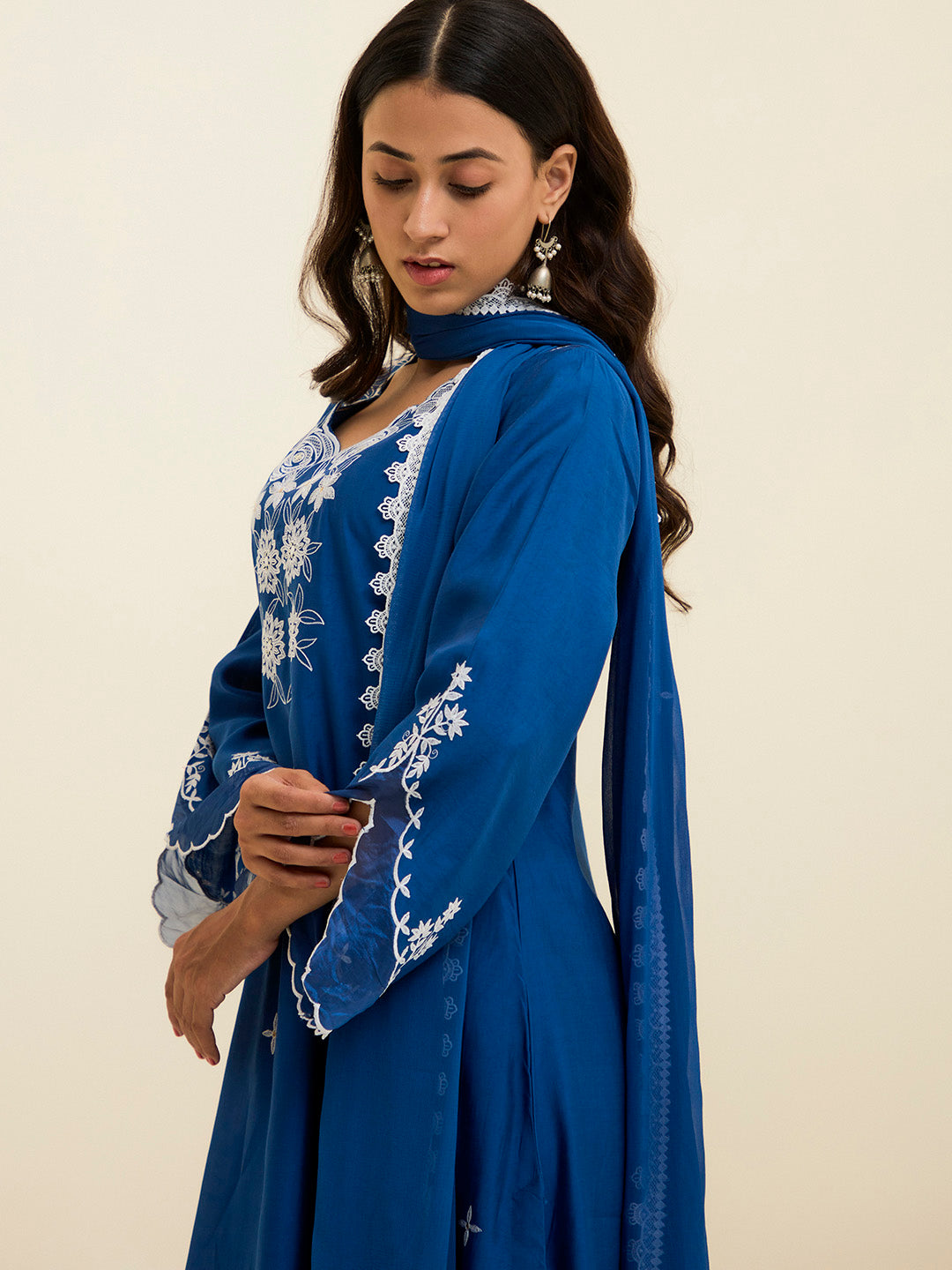 Cobalt Blue Resham Embroidered Kurta With Palazzo And Dupatta