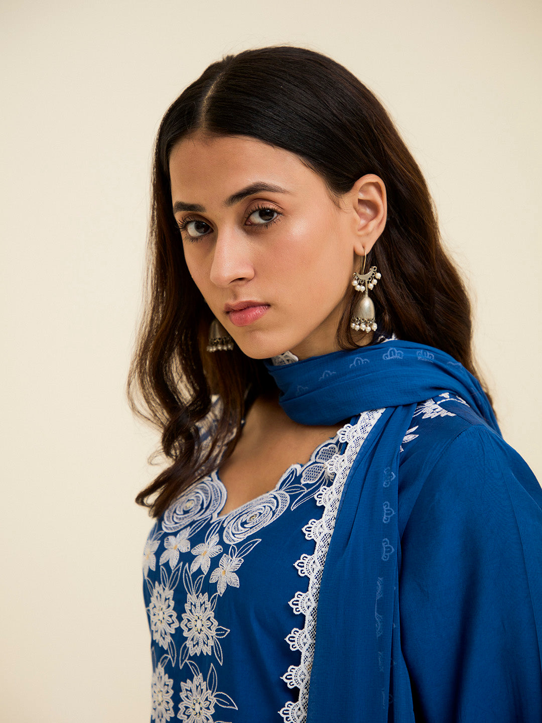 Cobalt Blue Resham Embroidered Kurta With Palazzo And Dupatta