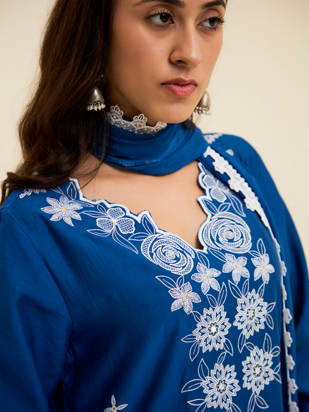 Cobalt Blue Resham Embroidered Kurta With Palazzo And Dupatta