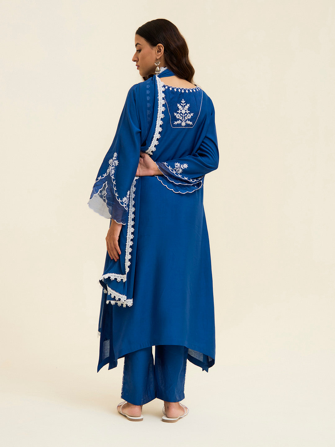 Cobalt Blue Resham Embroidered Kurta With Palazzo And Dupatta