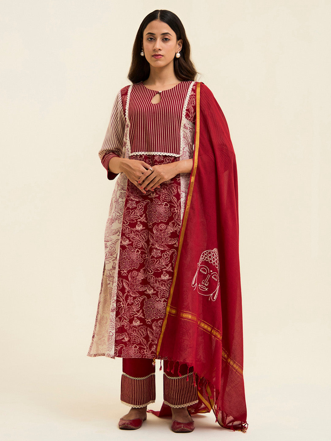 Maroon Handblock Printed Buddha Embroidered Suit Set