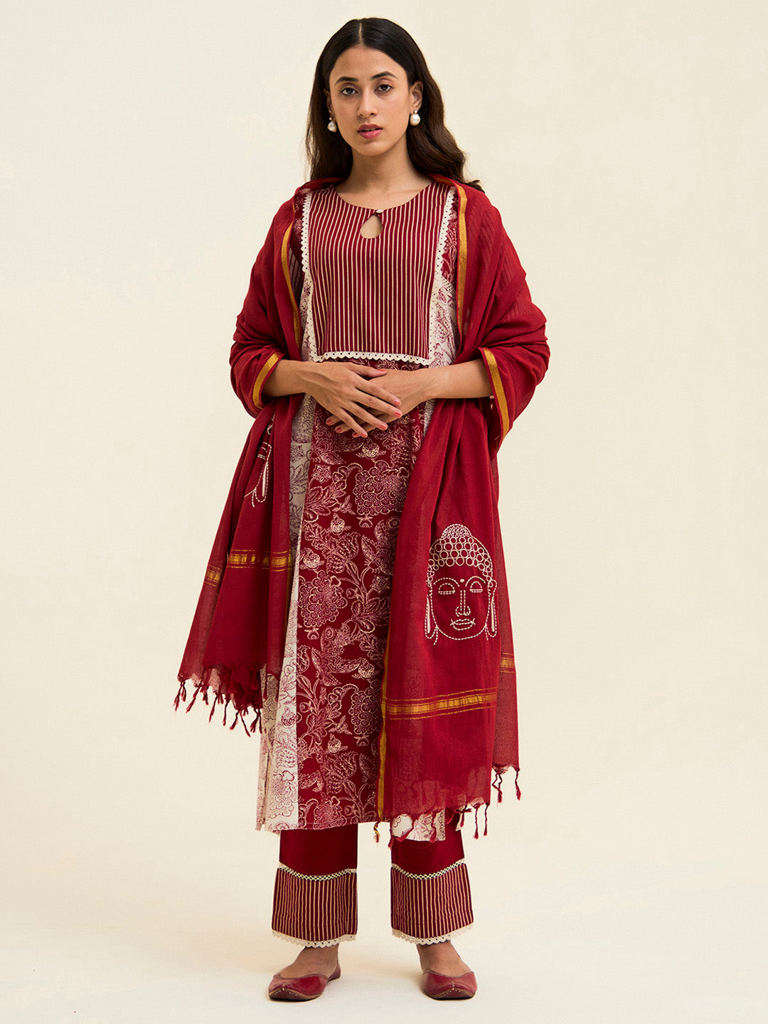 Maroon Handblock Printed Buddha Embroidered Suit Set