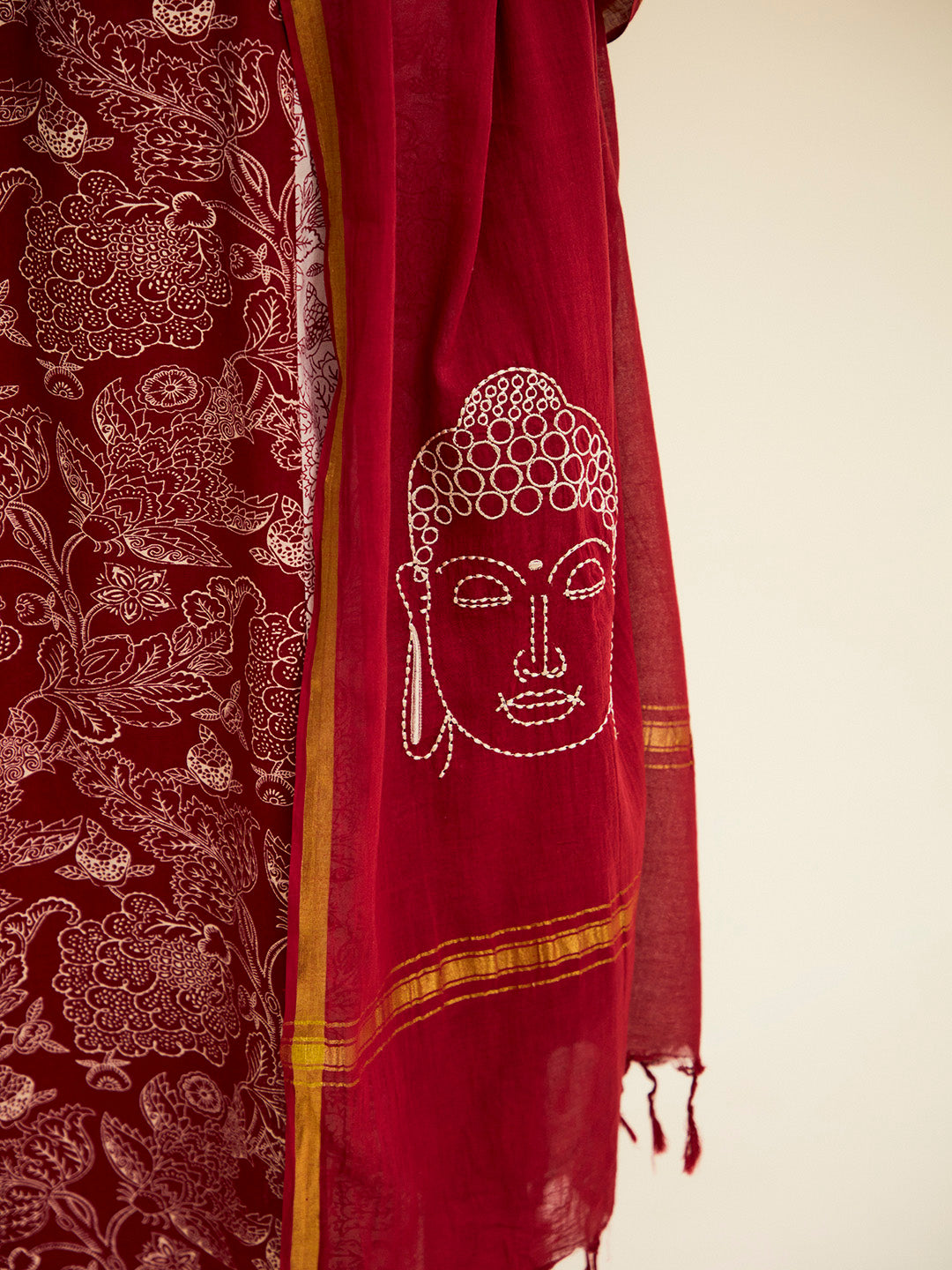 Maroon Handblock Printed Buddha Embroidered Suit Set