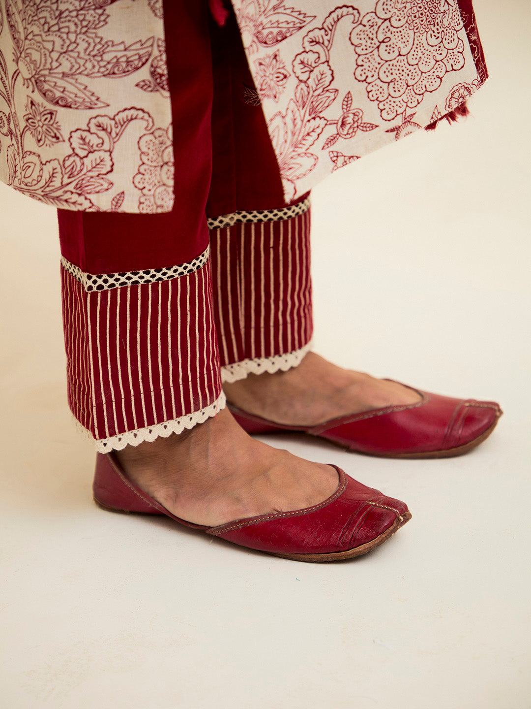 Maroon Handblock Printed Buddha Embroidered Suit Set