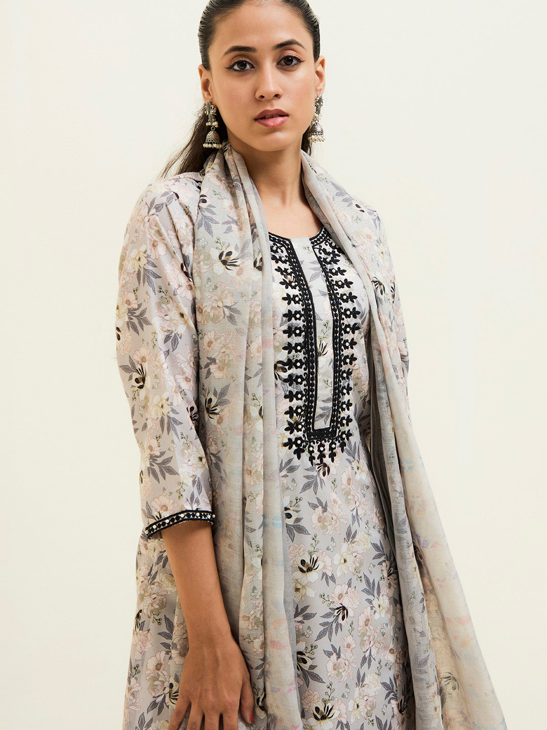 Beige Floral Printed Embroidered Suit Set