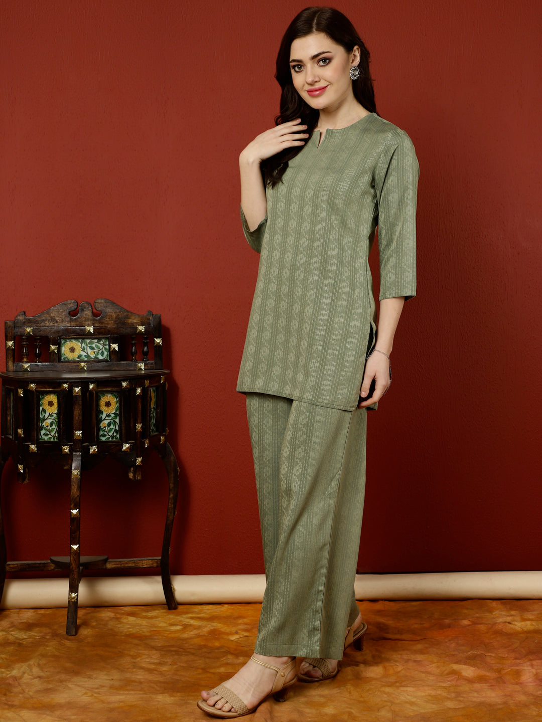 Olive Green Short Kurta With Palazzo Loungewear