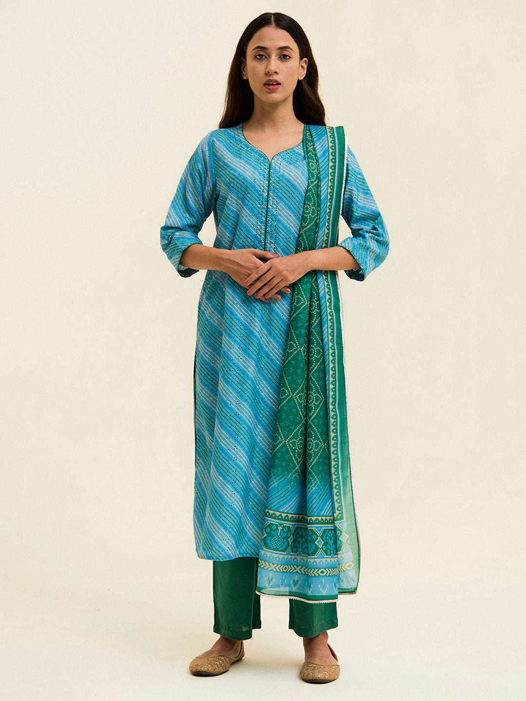 Blue Schiffli Embroidered Leheriya Festive Suit Set