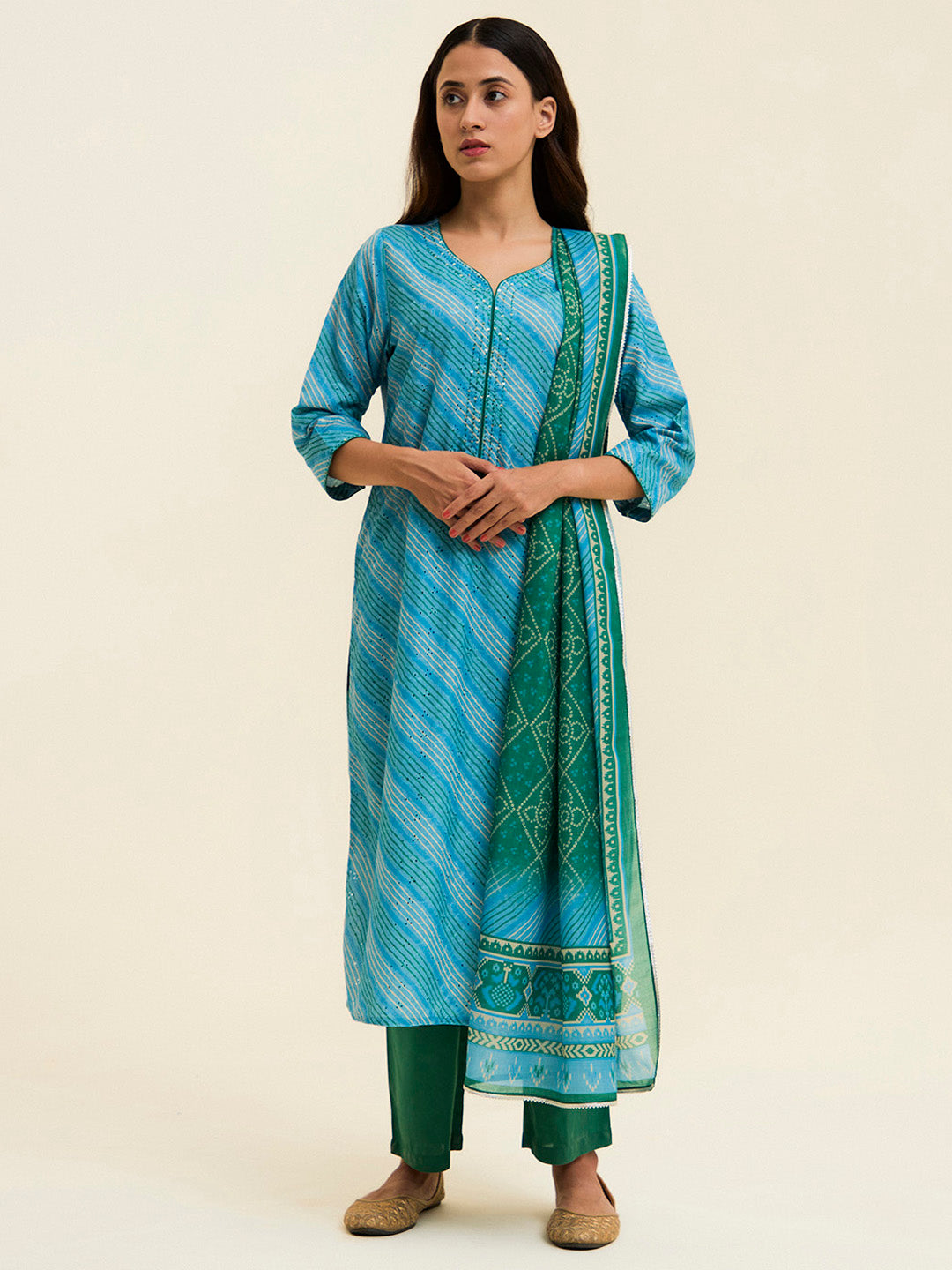 Blue Schiffli Embroidered Leheriya Festive Suit Set