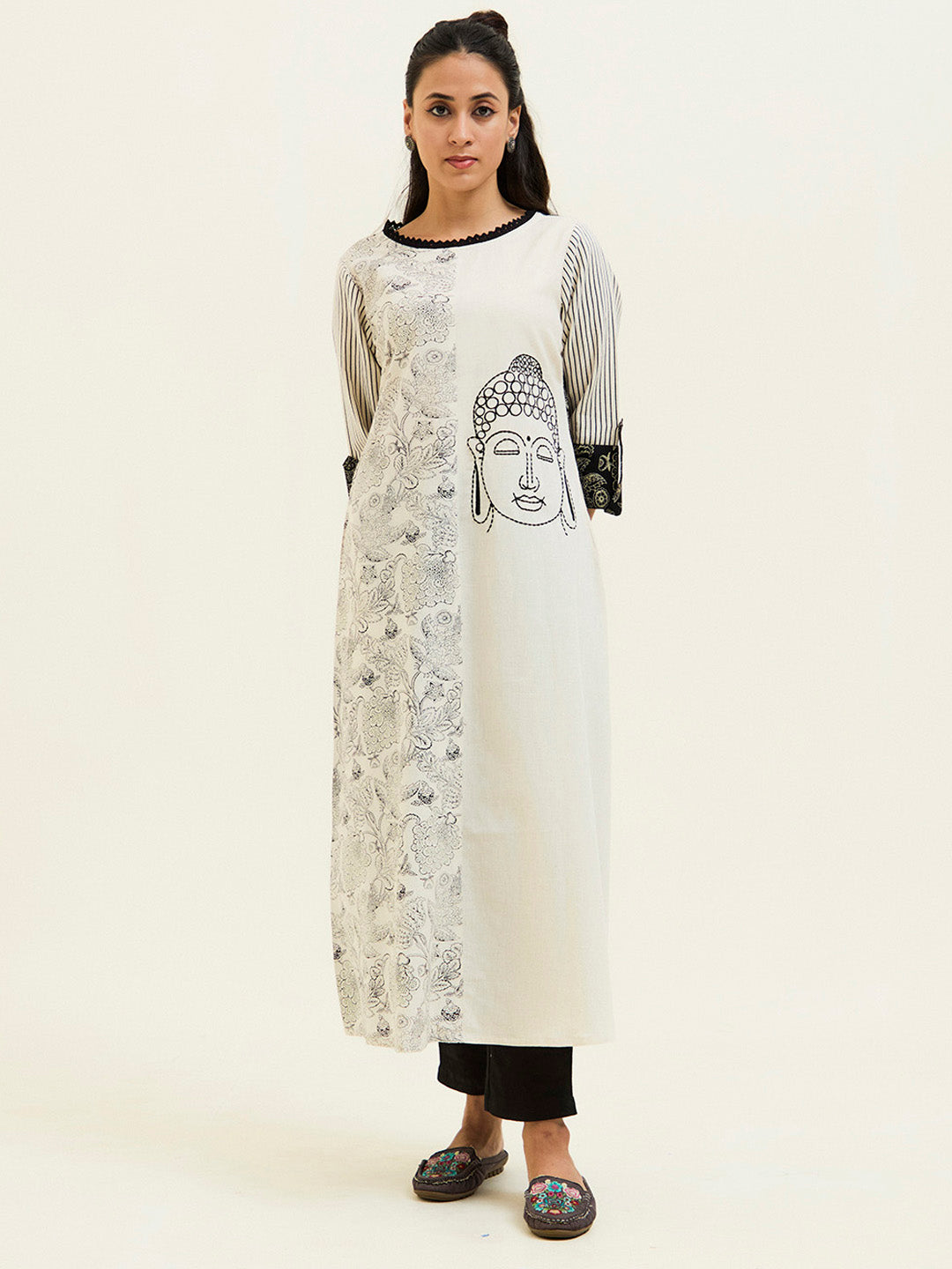 Brown - Jaipur Printed Cotton A-Line Kurta with Patchwork 01
