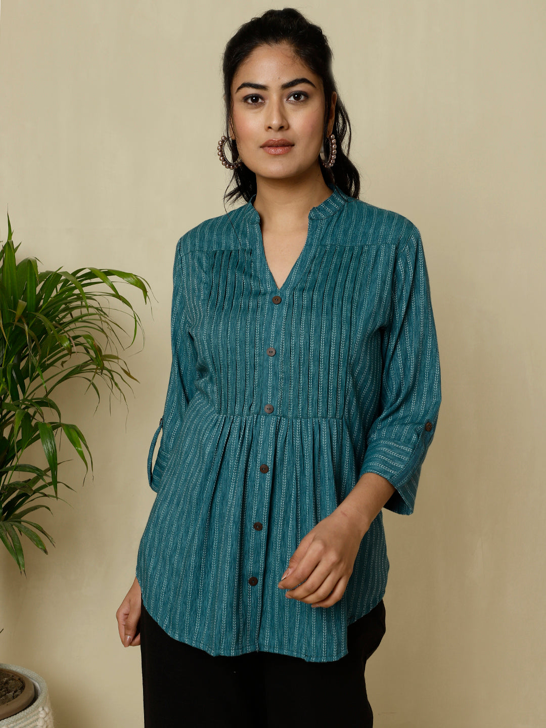 Teal Yarn Dyed Pleated Top