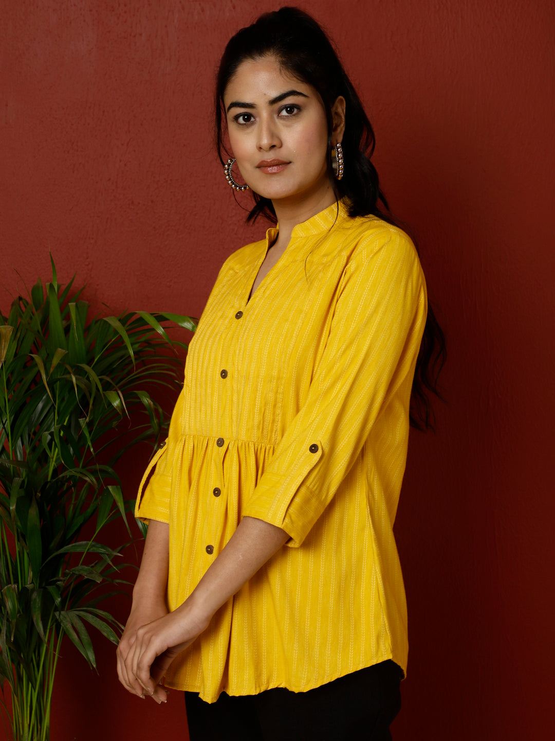 Yellow Yarn Dyed Pleated Top