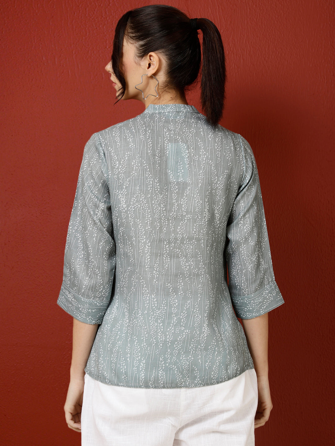Grey Abstract Printed Pleated Top