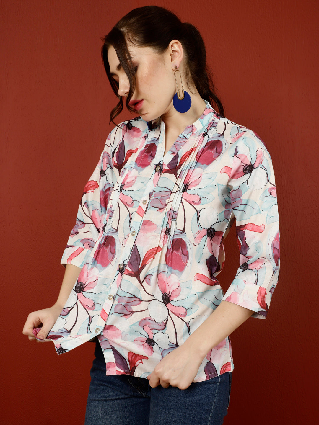 Off-White & Magenta Floral Pleated Top