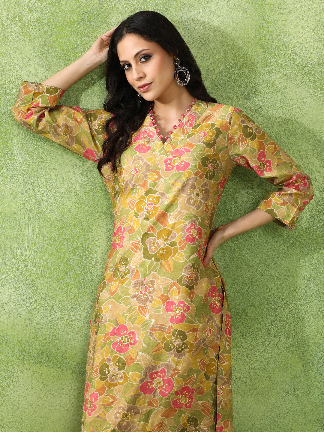 Floral Embroidered A-Line Cotton Blend Kurta & Trousers Sets