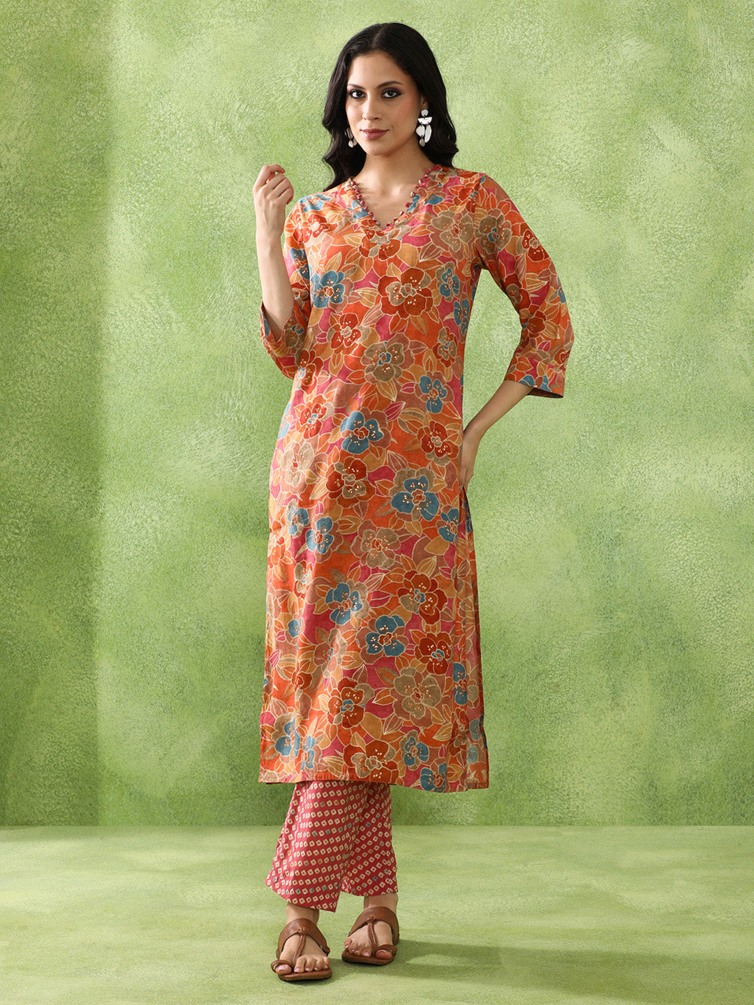 Floral Embroidered A-Line Cotton Blend Kurta & Trousers Sets