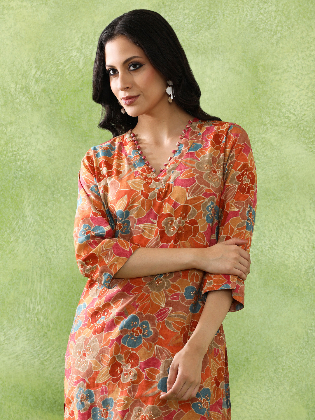 Floral Embroidered A-Line Cotton Blend Kurta & Trousers Sets