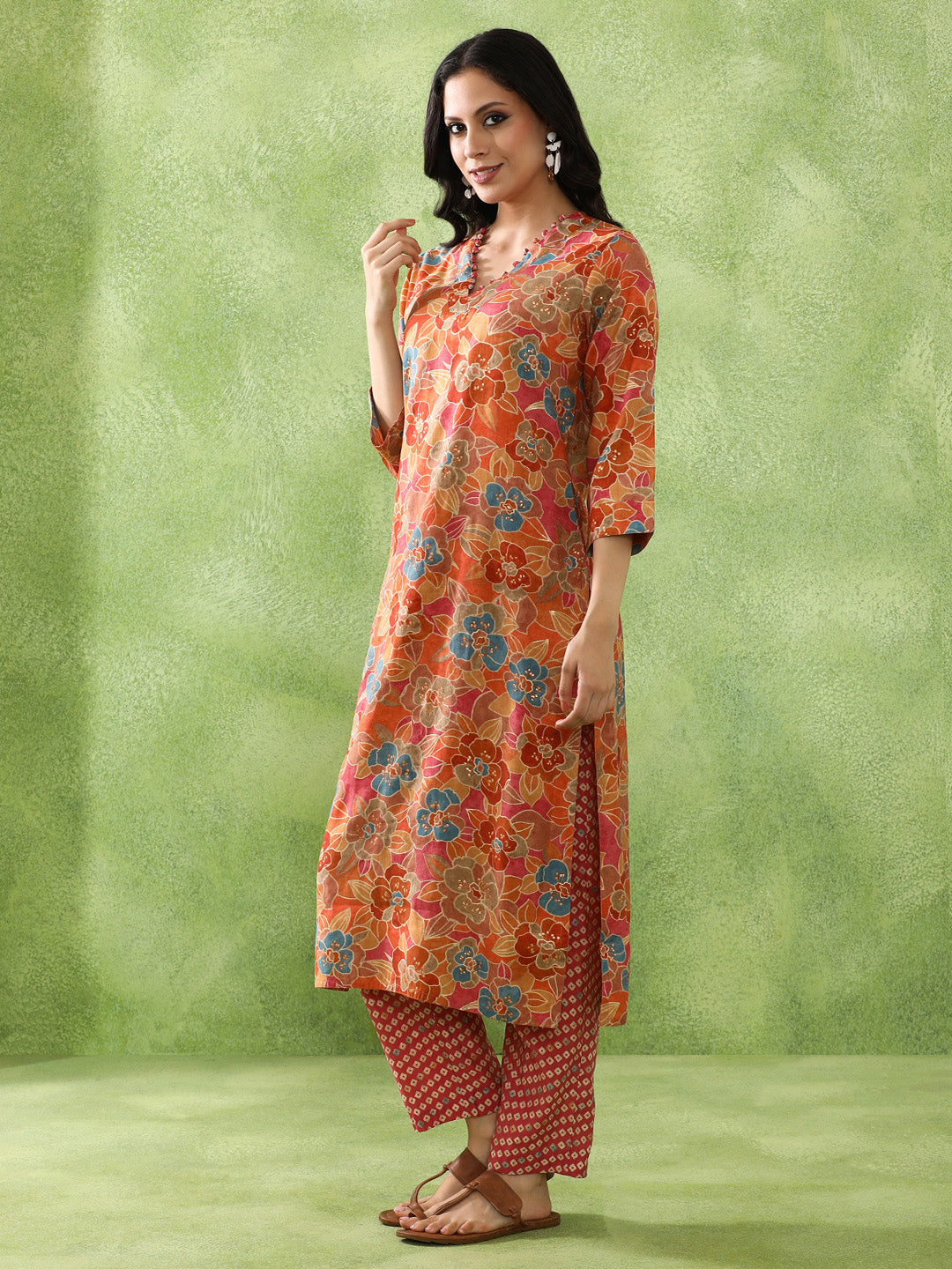 Floral Embroidered A-Line Cotton Blend Kurta & Trousers Sets