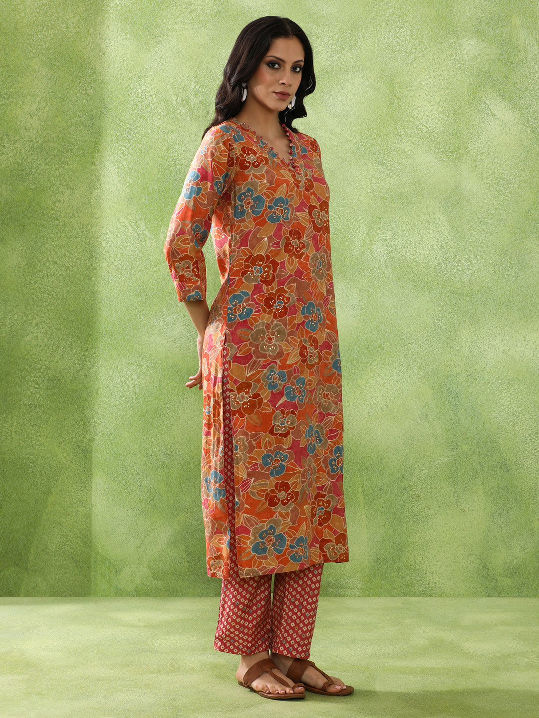 Floral Embroidered A-Line Cotton Blend Kurta & Trousers Sets