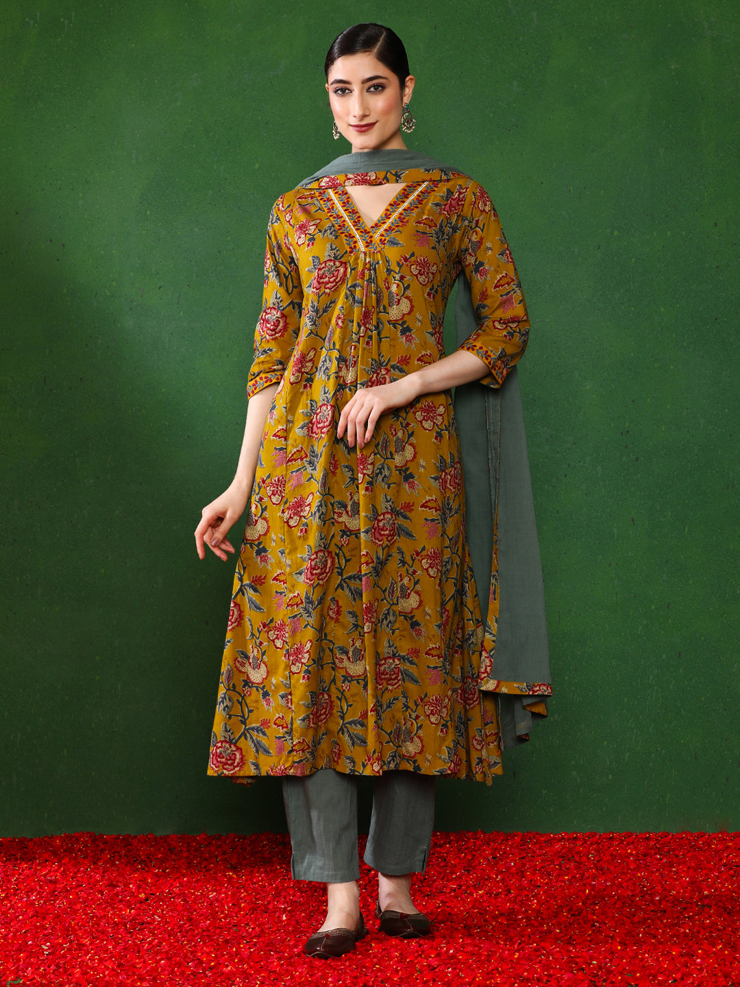 Floral Embroidered A-Line Kurta & Trousers Sets