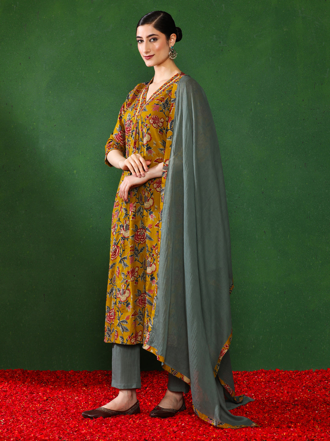 Floral Embroidered A-Line Kurta & Trousers Sets