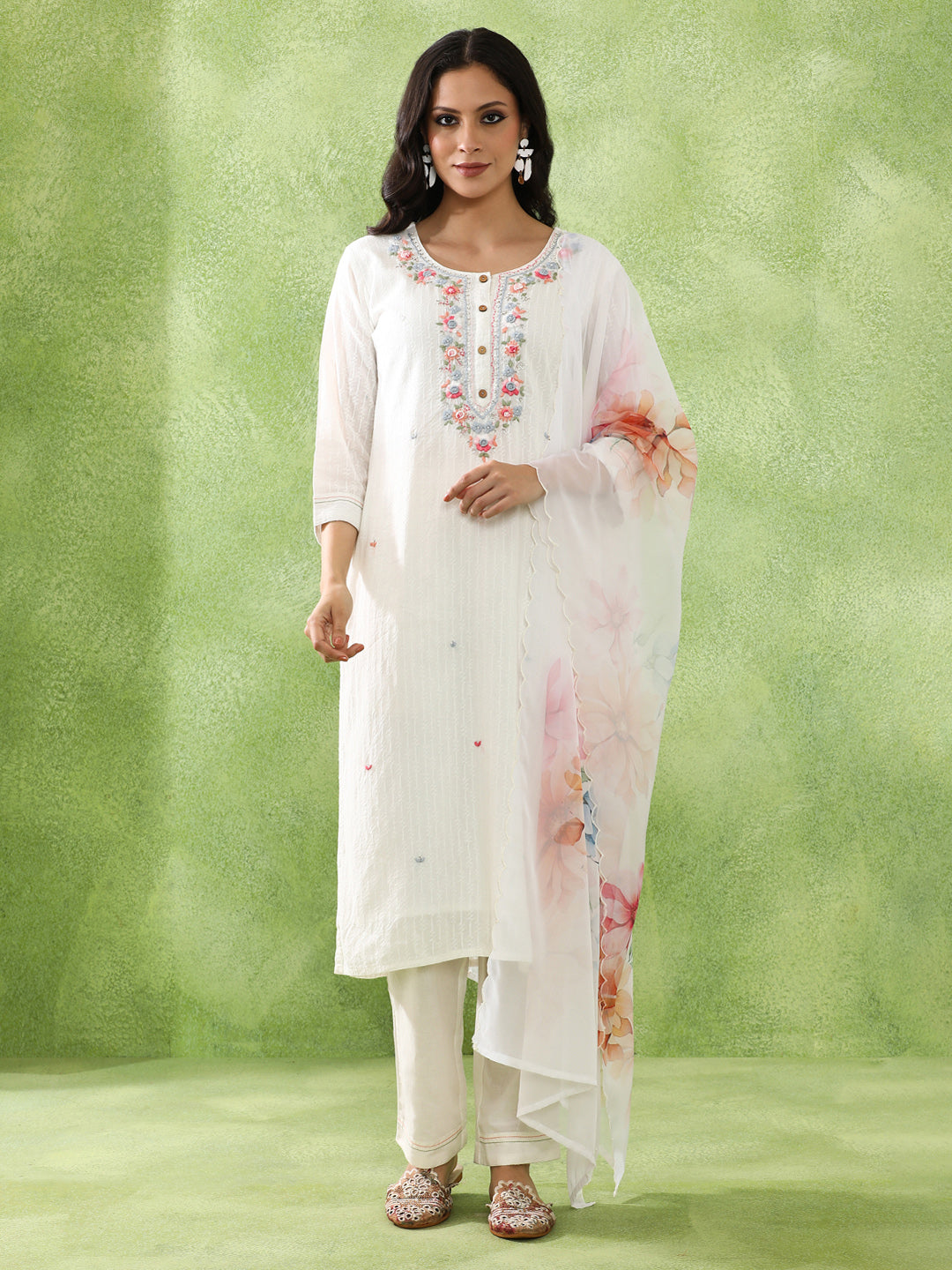 Floral Embroidered A-Line Pure Cotton Kurta & Trousers Sets