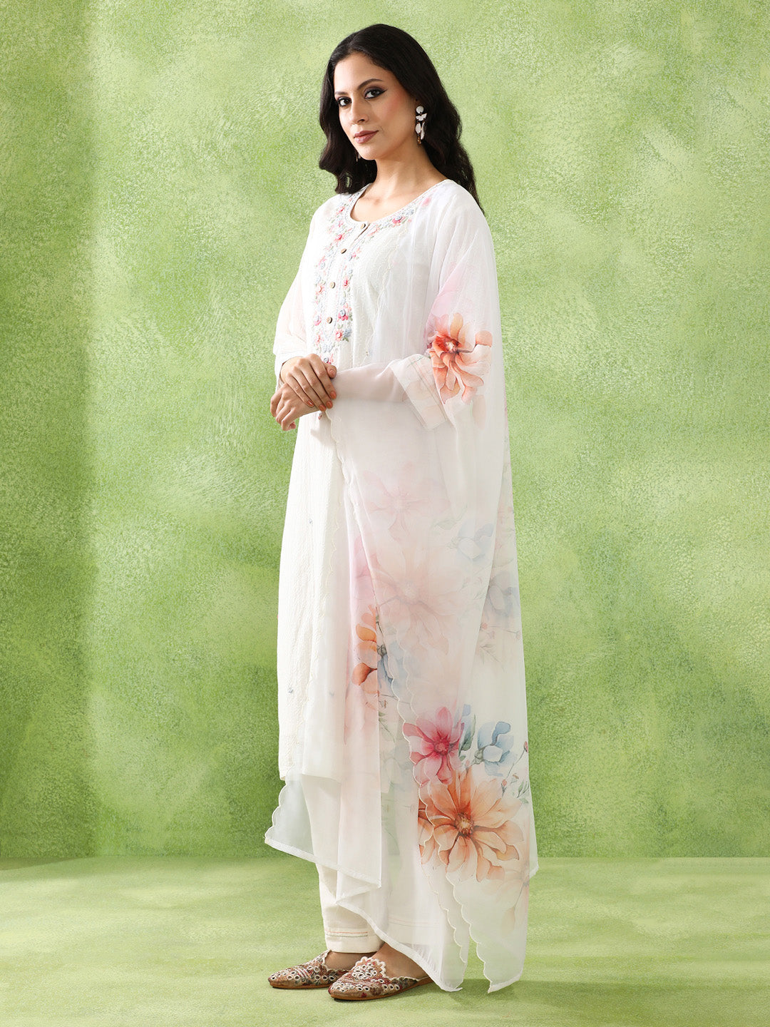 Floral Embroidered A-Line Pure Cotton Kurta & Trousers Sets