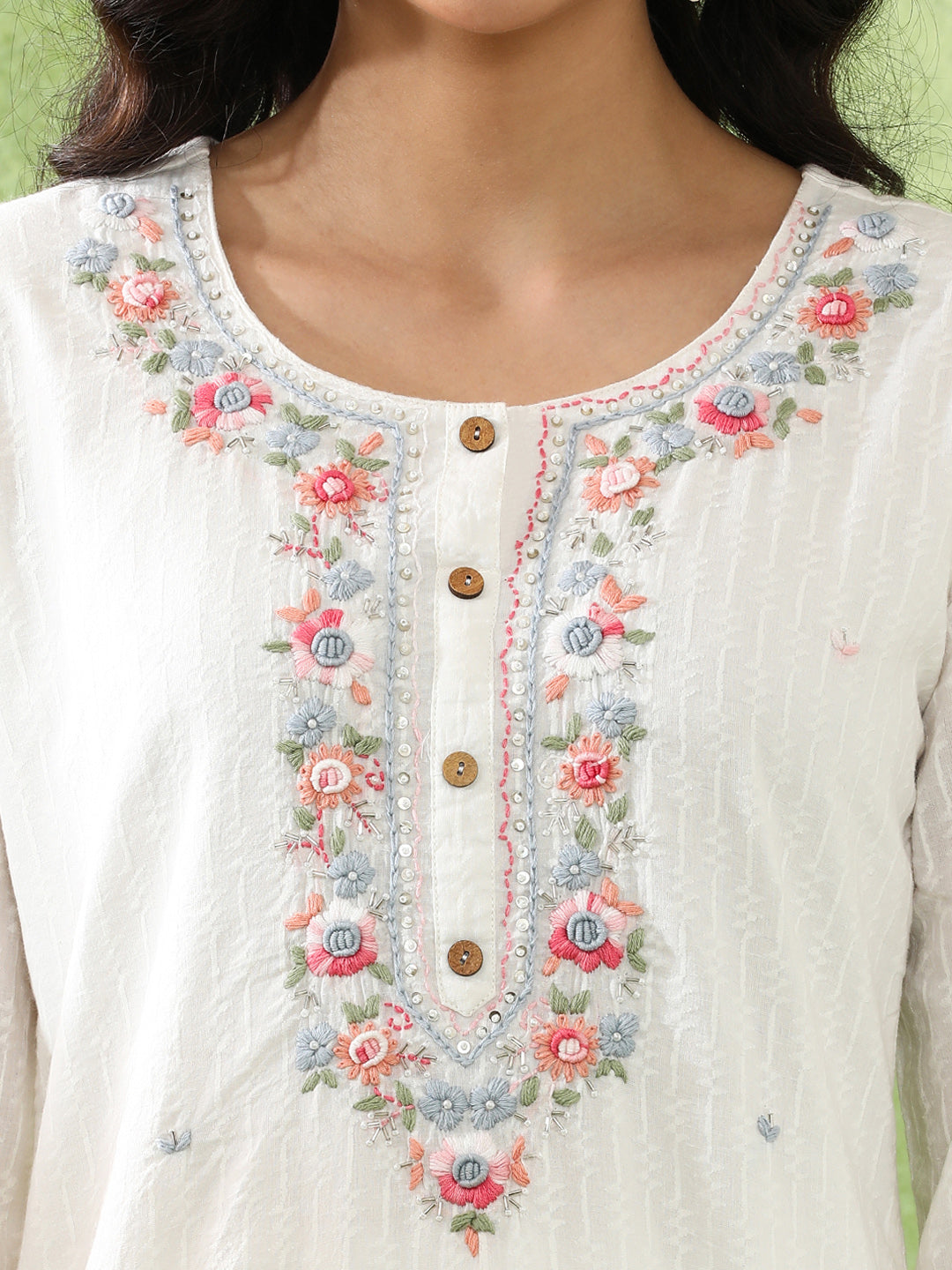 Floral Embroidered A-Line Pure Cotton Kurta & Trousers Sets