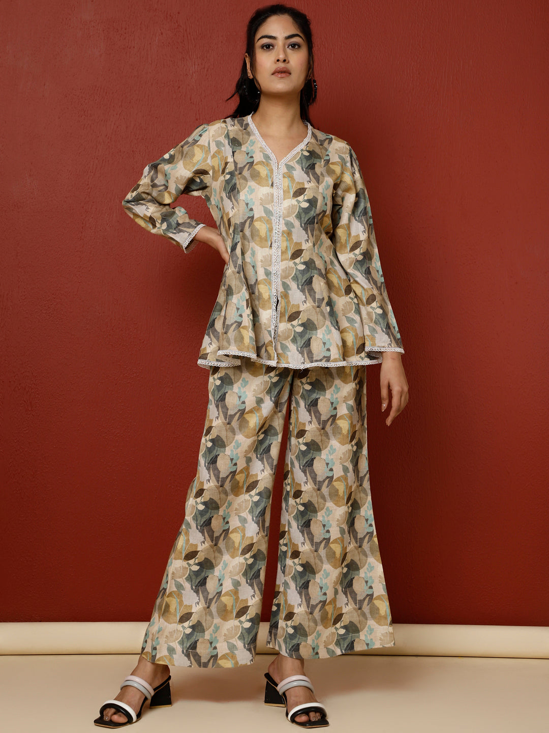 Olive Green Abstract Printed Top With Palazzo Co-ord Set